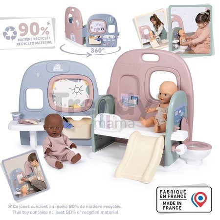 Domček pre bábiku s 5 hernými zónami Baby Care Childcare Center Smoby skladací a prenosný so 6 doplnkami