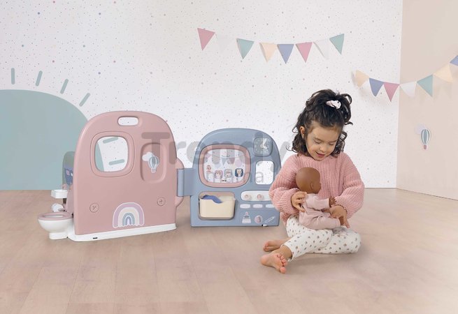 Domček pre bábiku s 5 hernými zónami Baby Care Childcare Center Smoby skladací a prenosný so 6 doplnkami