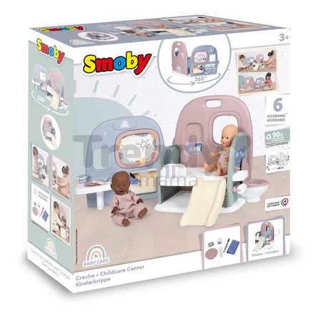 Domček pre bábiku s 5 hernými zónami Baby Care Childcare Center Smoby skladací a prenosný so 6 doplnkami