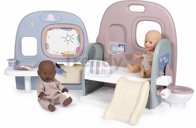 Domček pre bábiku s 5 hernými zónami Baby Care Childcare Center Smoby skladací a prenosný so 6 doplnkami