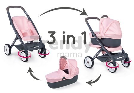 Kočík trojkombinácia Powder Pink 3in1 Maxi Cosi&Quinny Smoby hlboký a športový a prenosná postieľka pre 42 cm bábiku