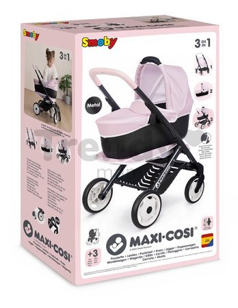 Kočík trojkombinácia Puschair Pink Maxi Cosi&Quinny Smoby hlboký športový a prenosná postieľka pre 42 cm bábiku výška rúčka 64 cm