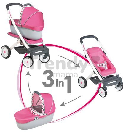 Kočík hlboký a športový Trio Pastel Maxi Cosi & Quinny Smoby 3v1 s nosítkom pre bábiku ružový vzorovaný