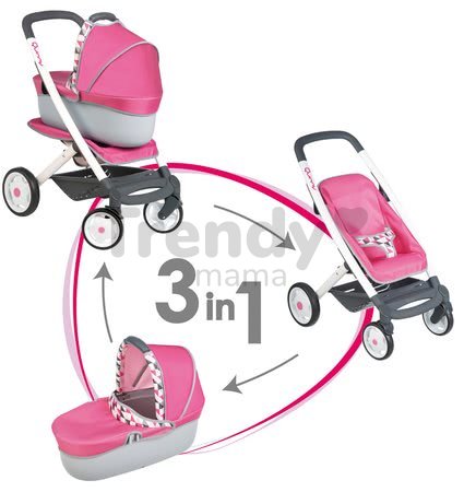 Kočík pre bábiku 3v1 retro Maxi Cosi&Quinny Smoby s nosítkom (rúčka 65,5 cm) ružový