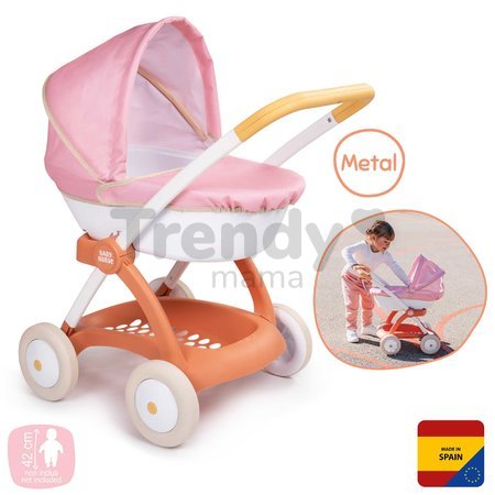 Hlboký kočík s textilným poťahom Pram Soft Baby Nurse Smoby pre 42 cm bábiku výška rúčky 58 cm od 18 mes