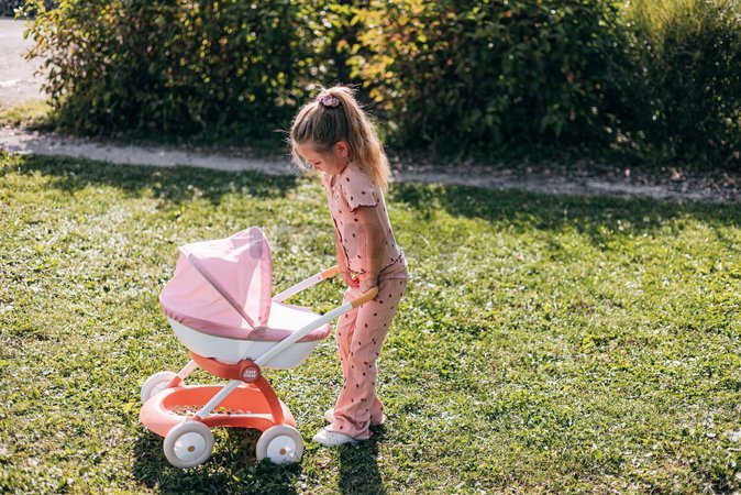 Hlboký kočík s textilným poťahom Pram Soft Baby Nurse Smoby pre 42 cm bábiku výška rúčky 58 cm od 18 mes