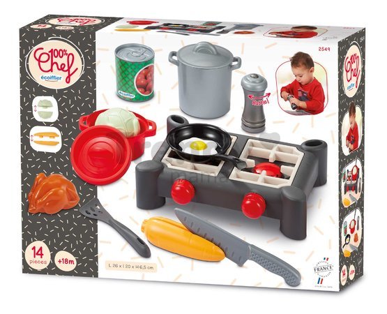 Kuchynka s hrncami a panvicou 100% Chef Écoiffier s vajíčkom a kuriatkom 14 dielov od 18 mes