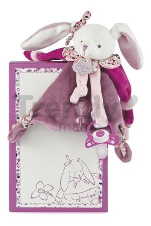 Plyšový zajačik s klipom na cumlík Lapin Cerise Doudou Dummy Holder Doudou et Compagnie v darčekovom balení ružový 17 cm od 0 mes