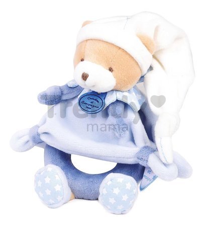 Plyšový medvedík s hrkálkou Ours Petit Chou Rattle Doudou et Compagnie v darčekovom balení modrý 19 cm od 0 mes