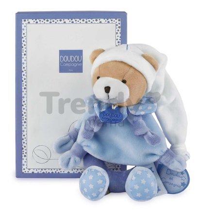 Plyšový medvedík s hrkálkou Ours Petit Chou Rattle Doudou et Compagnie v darčekovom balení modrý 19 cm od 0 mes