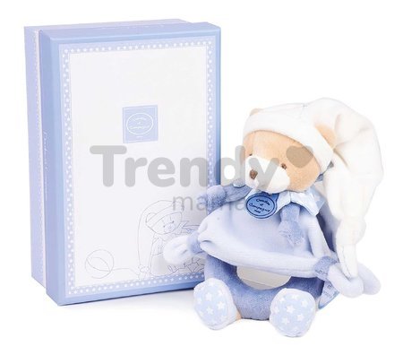 Plyšový medvedík s hrkálkou Ours Petit Chou Rattle Doudou et Compagnie v darčekovom balení modrý 19 cm od 0 mes