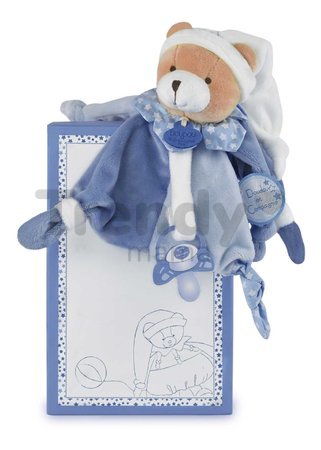 Plyšový medvedík s klipom na cumlík Ours Petit Chou Doudou Dummy Holder Doudou et Compagnie v darčekovom balení modrý 17 cm od 0 mes