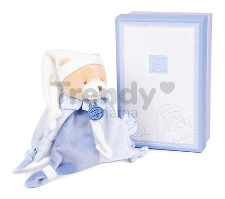 Plyšový medvedík s klipom na cumlík Ours Petit Chou Doudou Dummy Holder Doudou et Compagnie v darčekovom balení modrý 17 cm od 0 mes