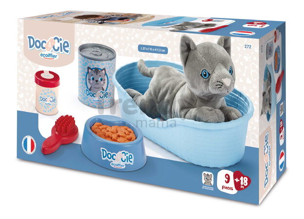 Pelech s plyšovou mačičkou Cat Basket Écoiffier a sada doplnkov s konzervou a miskou od 18 mes