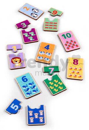 Drevené puzzle s číslami Games Numbers Account Eichhorn 20 dielikov s obrázkami zvieratiek a objektov od 24 mes