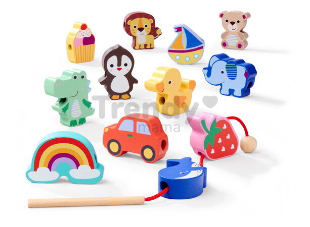 Drevená hra prevliekačka Zvieratká a objekty Threading Game Eichhorn 13 dielikov