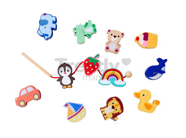 Drevená hra prevliekačka Zvieratká a objekty Threading Game Eichhorn 13 dielikov