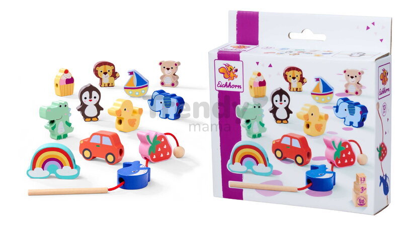 Drevená hra prevliekačka Zvieratká a objekty Threading Game Eichhorn 13 dielikov