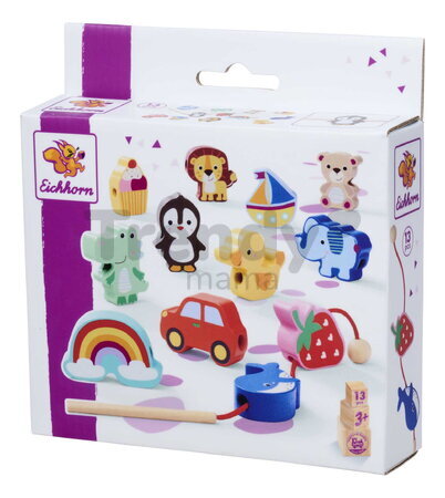 Drevená hra prevliekačka Zvieratká a objekty Threading Game Eichhorn 13 dielikov