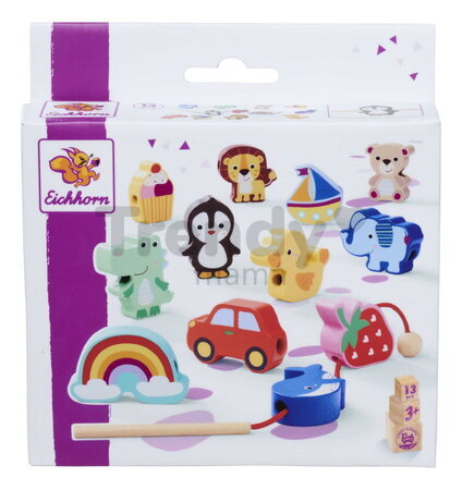 Drevená hra prevliekačka Zvieratká a objekty Threading Game Eichhorn 13 dielikov