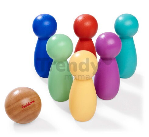 Drevená hra bowling Games Eichhorn so 6 farebnými kolkami a drevenou guľou