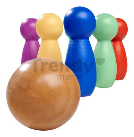 Drevená hra bowling Games Eichhorn so 6 farebnými kolkami a drevenou guľou
