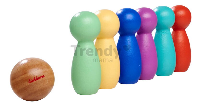 Drevená hra bowling Games Eichhorn so 6 farebnými kolkami a drevenou guľou