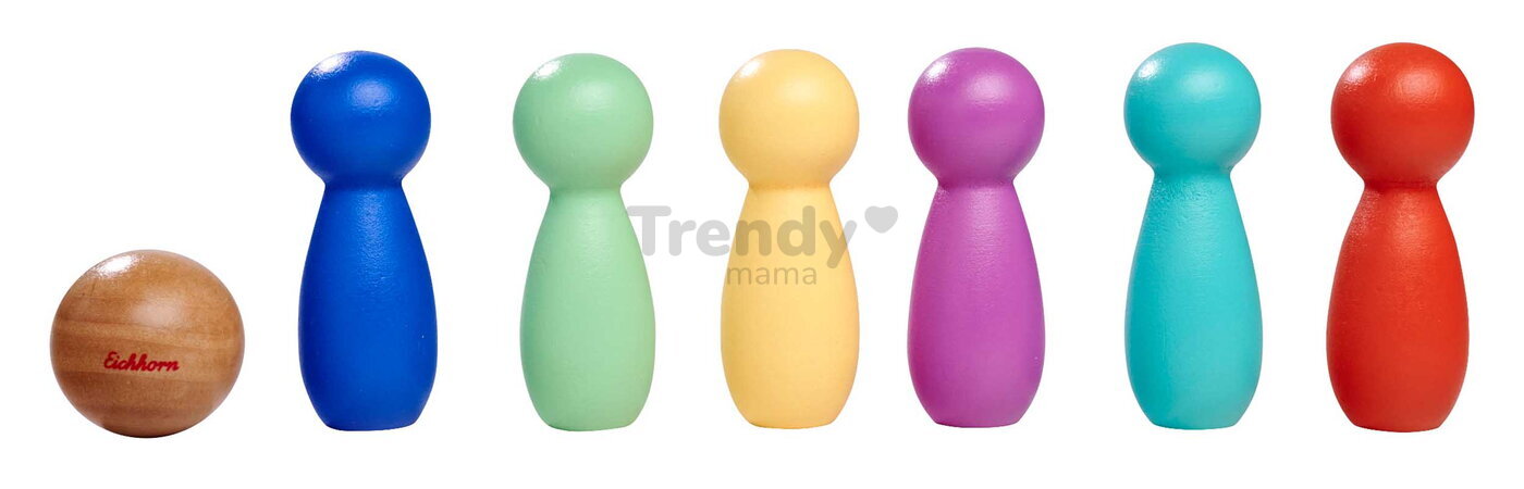 Drevená hra bowling Games Eichhorn so 6 farebnými kolkami a drevenou guľou