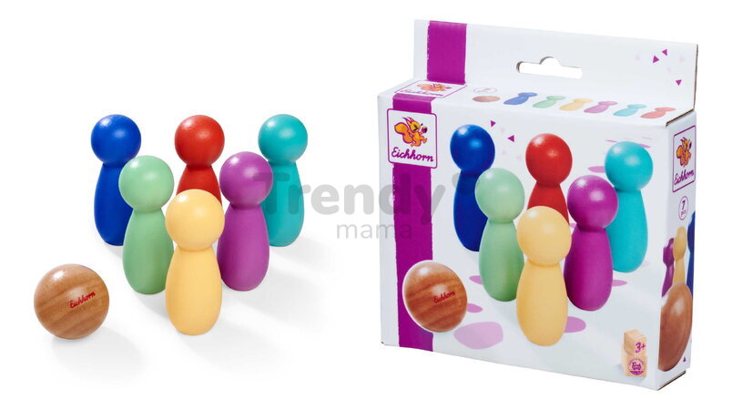 Drevená hra bowling Games Eichhorn so 6 farebnými kolkami a drevenou guľou