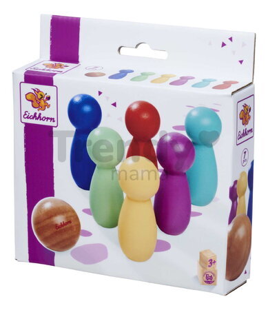 Drevená hra bowling Games Eichhorn so 6 farebnými kolkami a drevenou guľou