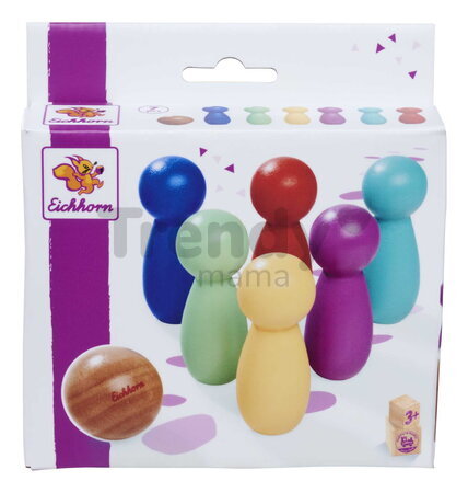 Drevená hra bowling Games Eichhorn so 6 farebnými kolkami a drevenou guľou