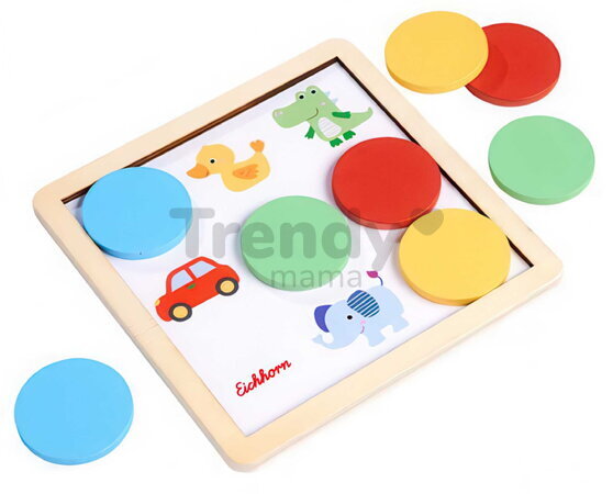 Drevená didaktická hra Farby Color Matching Game Eichhorn 5 obrázkových kariet s 8 farebnými žetónmi od 3 rokov EH2814