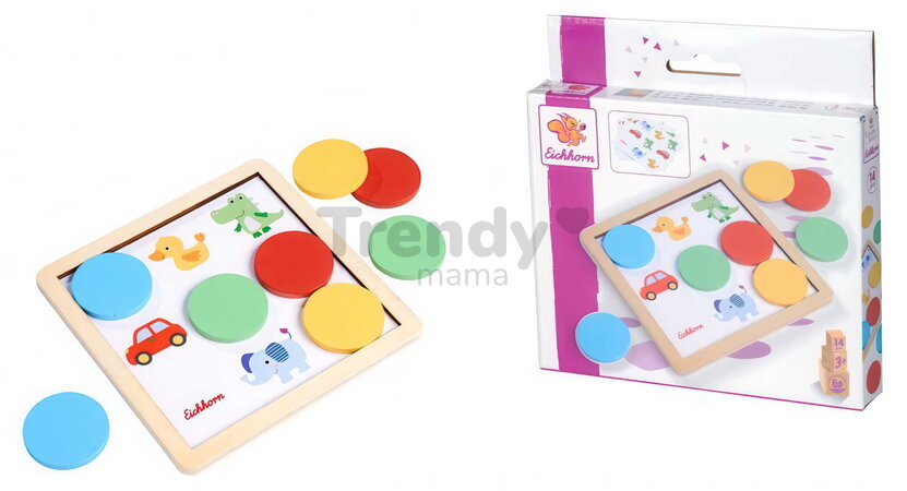 Drevená didaktická hra Farby Color Matching Game Eichhorn 5 obrázkových kariet s 8 farebnými žetónmi od 3 rokov EH2814