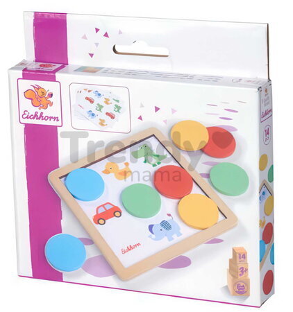 Drevená didaktická hra Farby Color Matching Game Eichhorn 5 obrázkových kariet s 8 farebnými žetónmi od 3 rokov EH2814