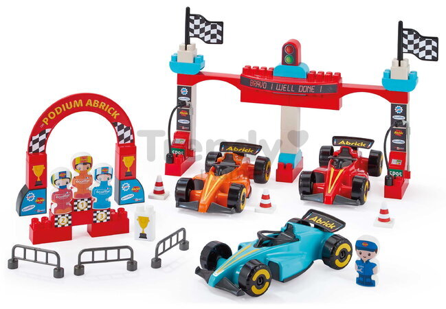 Stavebnica Preteky Formula 1 Grand Prix Abrick Écoiffier s 3 autíčkami a 4 figúrkami od 18 mes