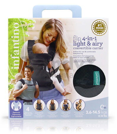 Nosič pre dieťa Flip 4v1 Light & Airy Convertible Carrier Dark Grey Infantino 4 spôsoby nosenia tmavosivý od 3,6-14,5 kg od 0 mes