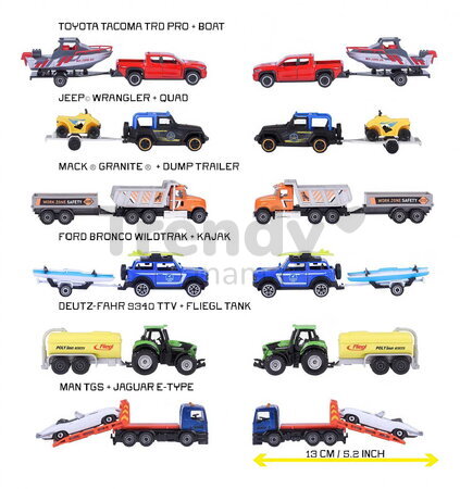 Autíčko s prívesom City Trailer Majorette s pohyblivými časťami 13 cm dĺžka 6 rôznych druhov