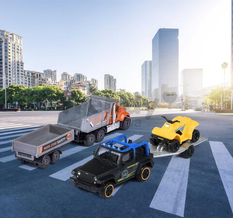 Autíčko s prívesom City Trailer Majorette s pohyblivými časťami 13 cm dĺžka 6 rôznych druhov