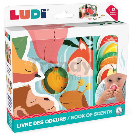 Knižka s vôňou ovocia Book of Scents Ludi 5 voňavých samolepiek na rozvoj čuchovej pamäte od 12 mes
