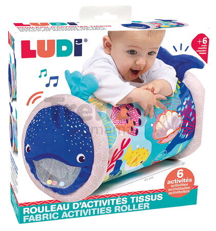 Nafukovací valec s aktivitami Veľryba Fabric Activities Roller Ludi 6 aktivít od 6 mes