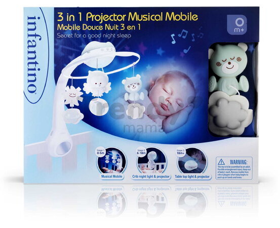 Hudobný kolotoč nad postieľku 3in1 Projector Musical Mobile Sage Infantino s projektorom a nočným svetlom zelený od 0 mes
