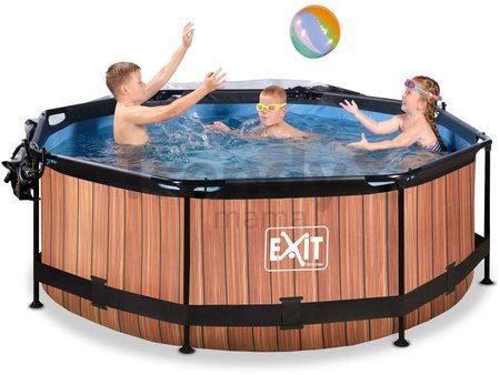 Bazén s krytom a filtráciou Wood pool Exit Toys kruhový oceľová konštrukcia 244*76 cm hnedý od 6 rokov