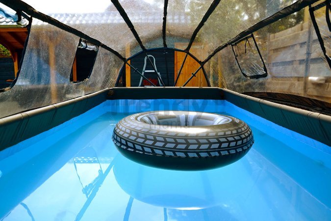 Bazén s krytom pieskovou filtráciou a tepelným čerpadlom Wood pool Exit Toys oceľová konštrukcia 400*200*100 cm hnedý od 6 rokov