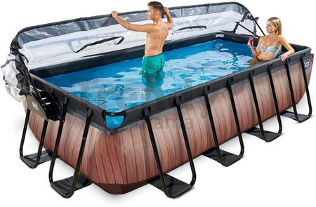 Bazén s krytom a pieskovou filtráciou Wood pool Exit Toys oceľová konštrukcia 400*200*100 cm hnedý od 6 rokov