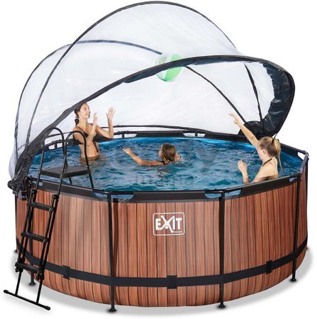 Bazén s krytom a pieskovou filtráciou Wood pool Exit Toys kruhový oceľová konštrukcia 360*122 cm hnedý od 6 rokov