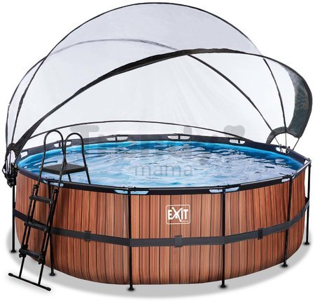Bazén s krytom a pieskovou filtráciou Wood pool Exit Toys kruhový oceľová konštrukcia 427*122 cm hnedý od 6 rokov
