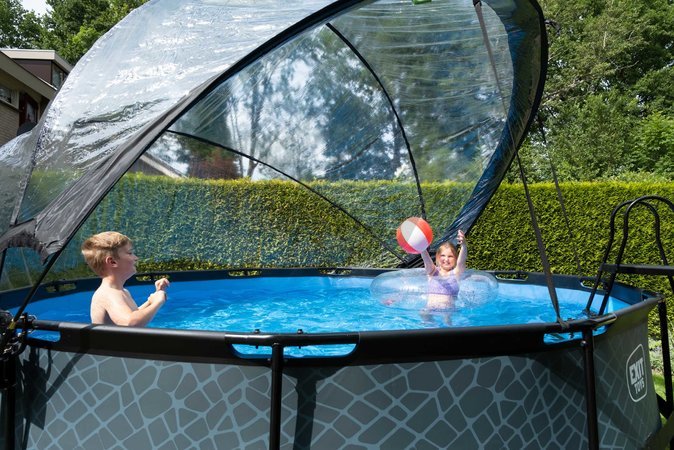 Bazén s krytom pieskovou filtráciou a tepelným čerpadlom Stone pool Exit Toys kruhový oceľová konštrukcia 427*122 cm šedý od 6 rokov