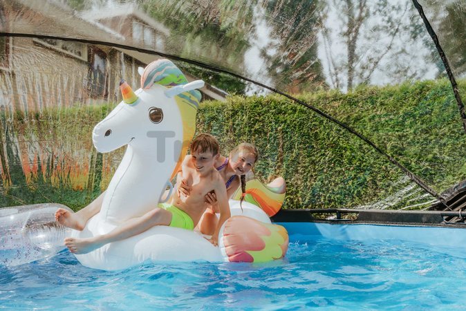 Bazén s krytom pieskovou filtráciou a tepelným čerpadlom Stone pool Exit Toys kruhový oceľová konštrukcia 427*122 cm šedý od 6 rokov