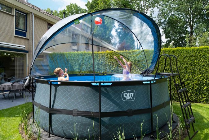 Bazén s krytom pieskovou filtráciou a tepelným čerpadlom Stone pool Exit Toys kruhový oceľová konštrukcia 427*122 cm šedý od 6 rokov
