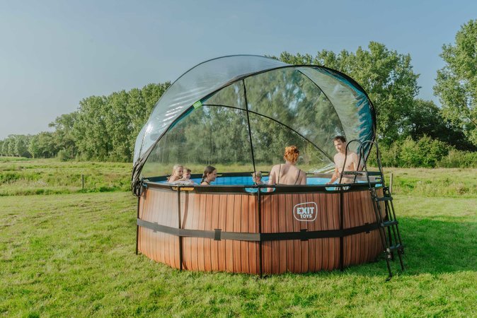 Bazén s krytom a pieskovou filtráciou Wood pool Exit Toys kruhový oceľová konštrukcia 427*122 cm hnedý od 6 rokov